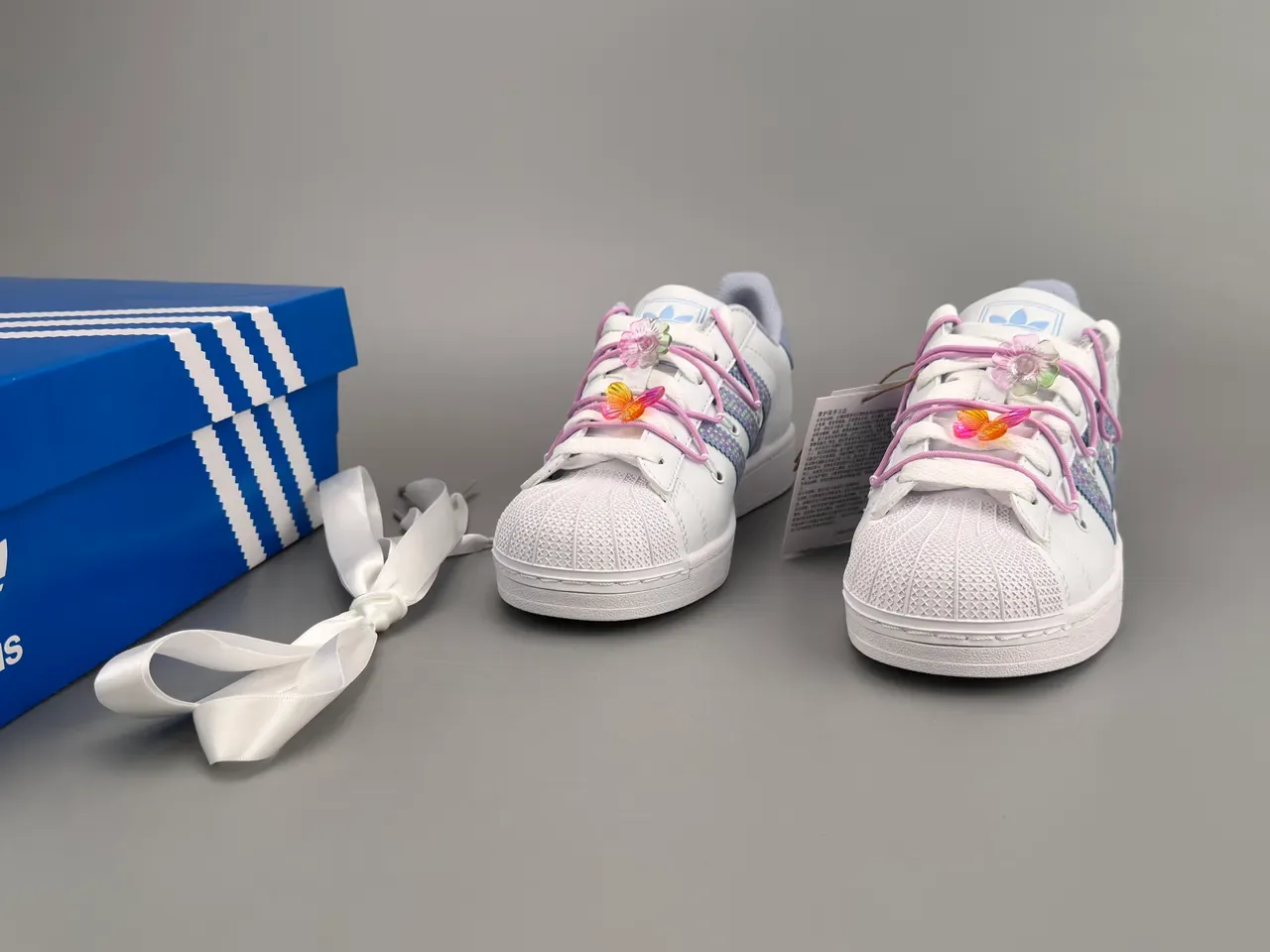 Adidas Superstar White Light Blue Sequin-Striped Lifestyle Sneakers 3