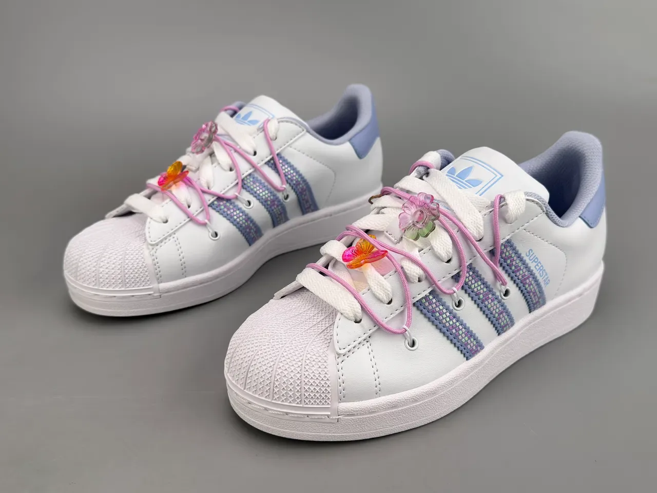 Adidas Superstar White Light Blue Sequin-Striped Lifestyle Sneakers 5