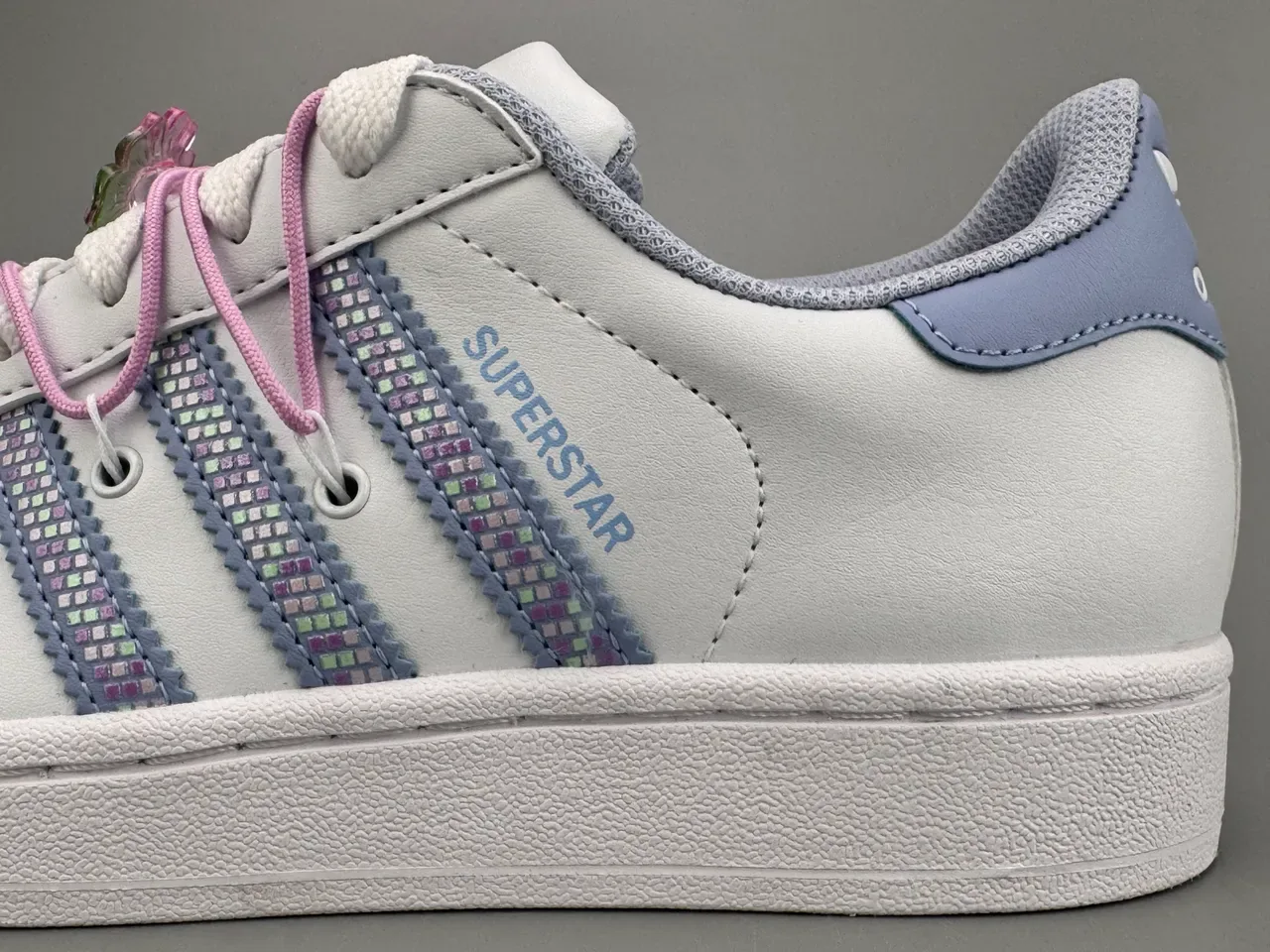Adidas Superstar White Light Blue Sequin-Striped Lifestyle Sneakers 7