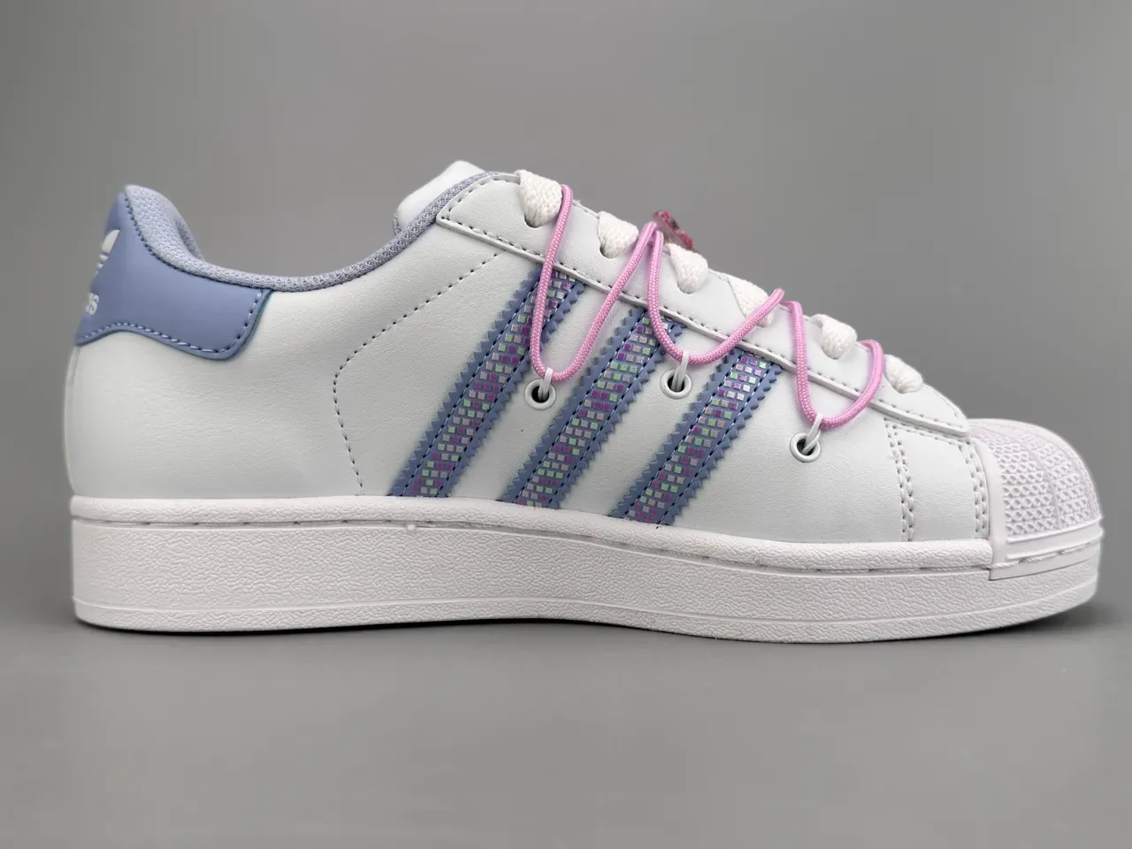 Adidas Superstar White Light Blue Sequin-Striped Lifestyle Sneakers 10