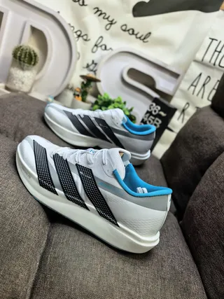 Adidas White Blue Lightweight Mesh Upper Perforated Black Three Stripes Running Shoes 7