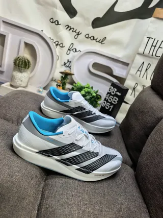 Adidas White Blue Lightweight Mesh Upper Perforated Black Three Stripes Running Shoes 9
