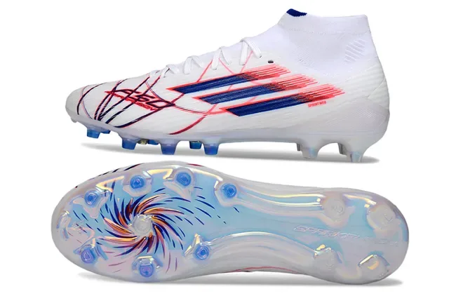 Adidas সাদা নীল সক-ফিট কলার স্বচ্ছ ইরিডেসেন্ট সোলপ্লেট ফার্ম গ্রাউন্ড ফুটবল জুতা 6