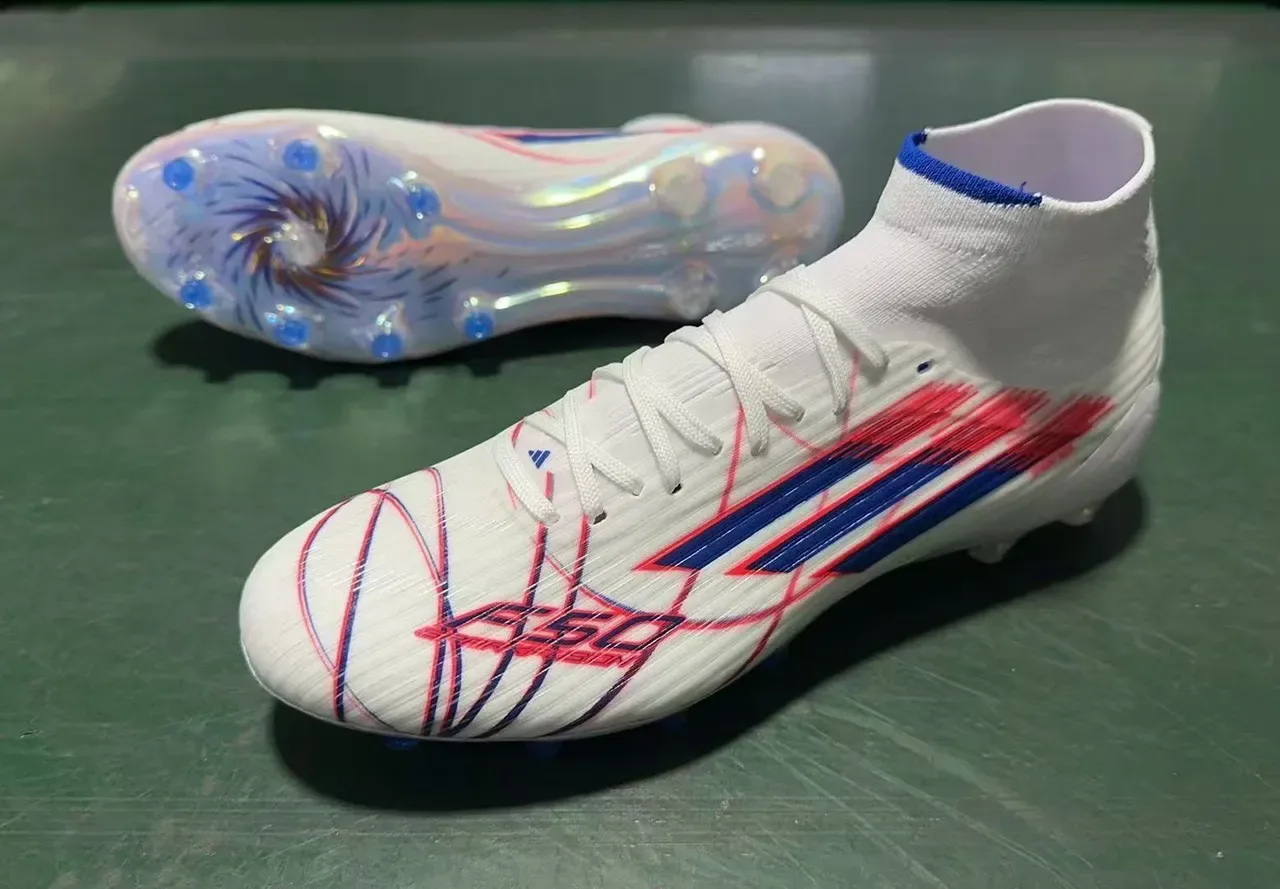Adidas সাদা নীল সক-ফিট কলার স্বচ্ছ ইরিডেসেন্ট সোলপ্লেট ফার্ম গ্রাউন্ড ফুটবল জুতা 8