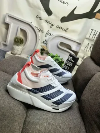 Adidas White Orange Perforated Mesh Upper Three-Stripe Side Branding Running Shoes 9