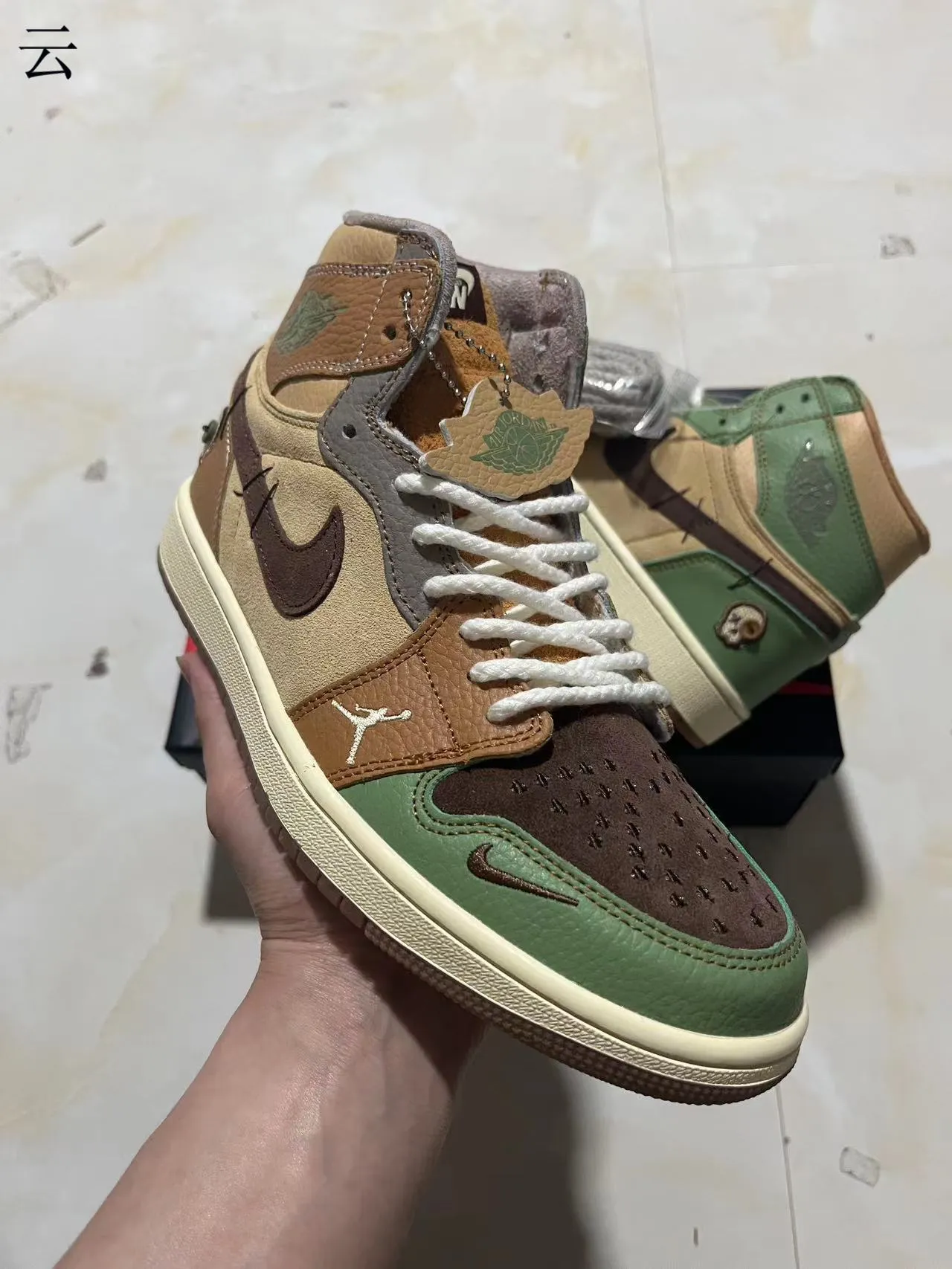 Air Jordan 1 High Patchwork Tan Olive Green Basketball Shoes 2