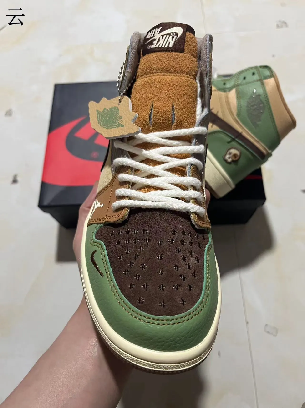 Air Jordan 1 High Patchwork Tan Olive Green Basketball Shoes 3