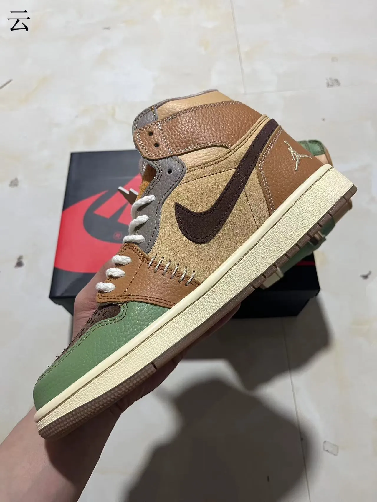 Air Jordan 1 High Patchwork Tan Olive Green Basketball Shoes 5