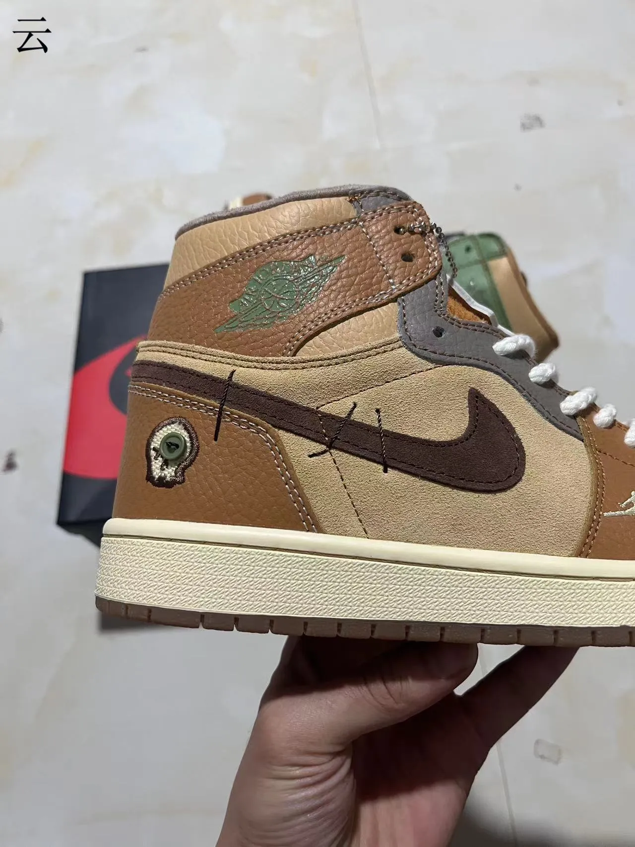Air Jordan 1 High Patchwork Tan Olive Green Basketball Shoes 7