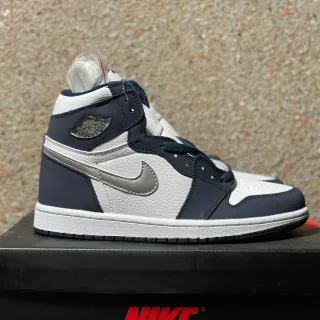 Air Jordan 1 High Top White Navy Silver Basketball Shoes