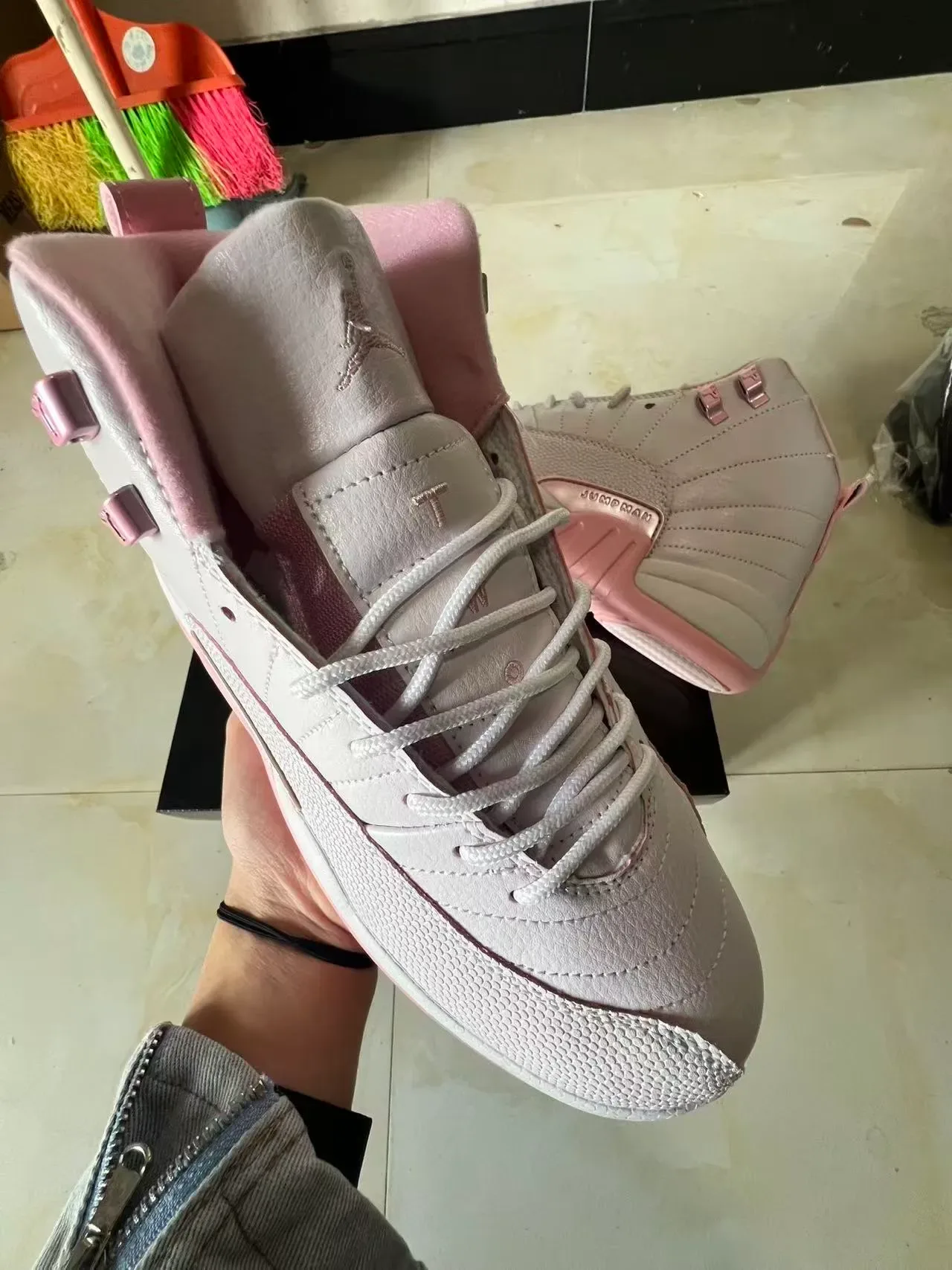 Air Jordan 12 Light Gray and Pink Basketball Shoes 2