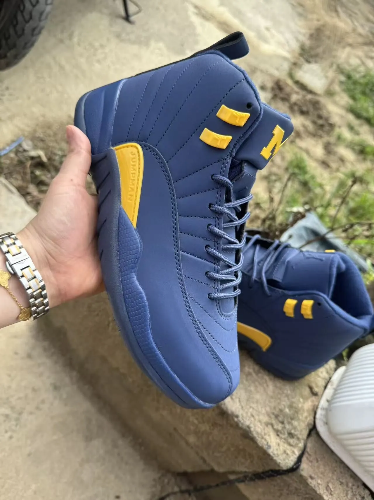 Air Jordan 12 Michigan Navy Blue and Yellow Basketball Shoes 2