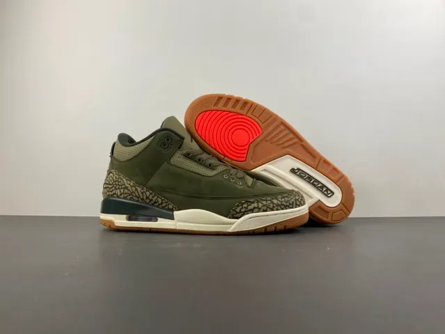 Air Jordan 3 Vert Olive Daim Print Éléphant Chaussures de Basketball 12