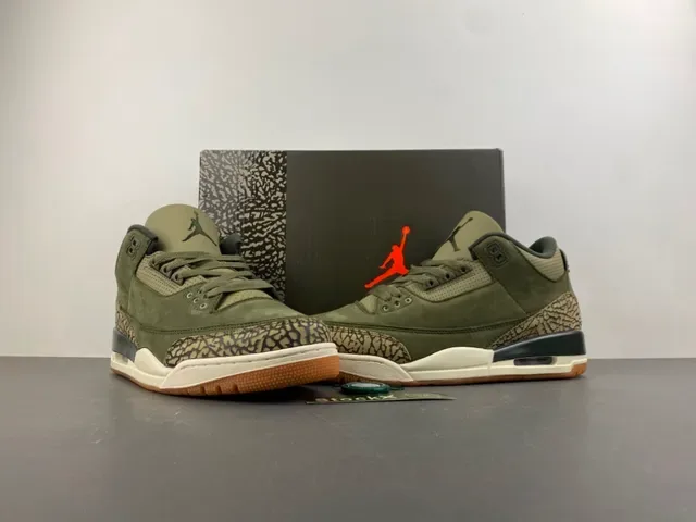 Air Jordan 3 Vert Olive Daim Print Éléphant Chaussures de Basketball 13