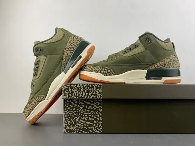 Air Jordan 3 Vert Olive Daim Print Éléphant Chaussures de Basketball 14
