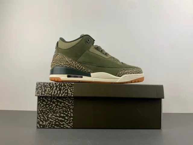 Air Jordan 3 Vert Olive Daim Print Éléphant Chaussures de Basketball 15