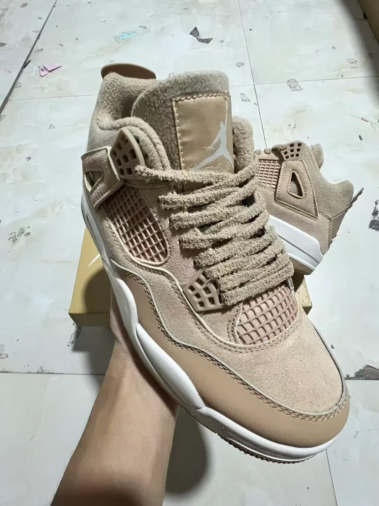 Air Jordan 4 Beige Suede Mesh High-Top Basketball Shoes 2