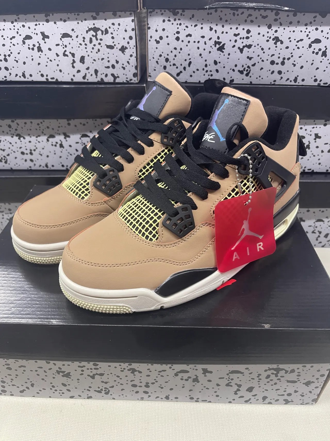 Air Jordan 4 Tan Black Neon Yellow Basketball Shoes 3