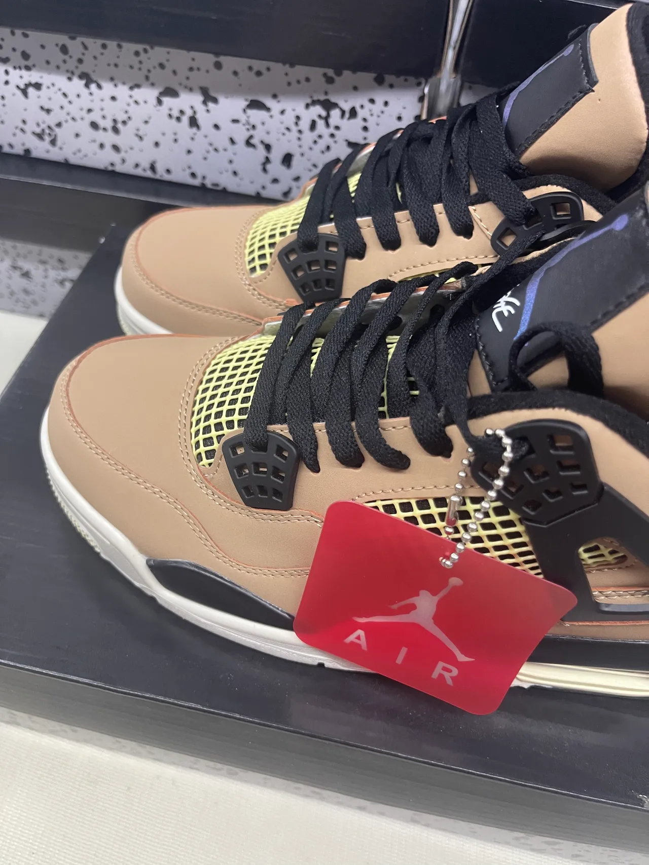 Air Jordan 4 Tan Black Neon Yellow Basketball Shoes 5