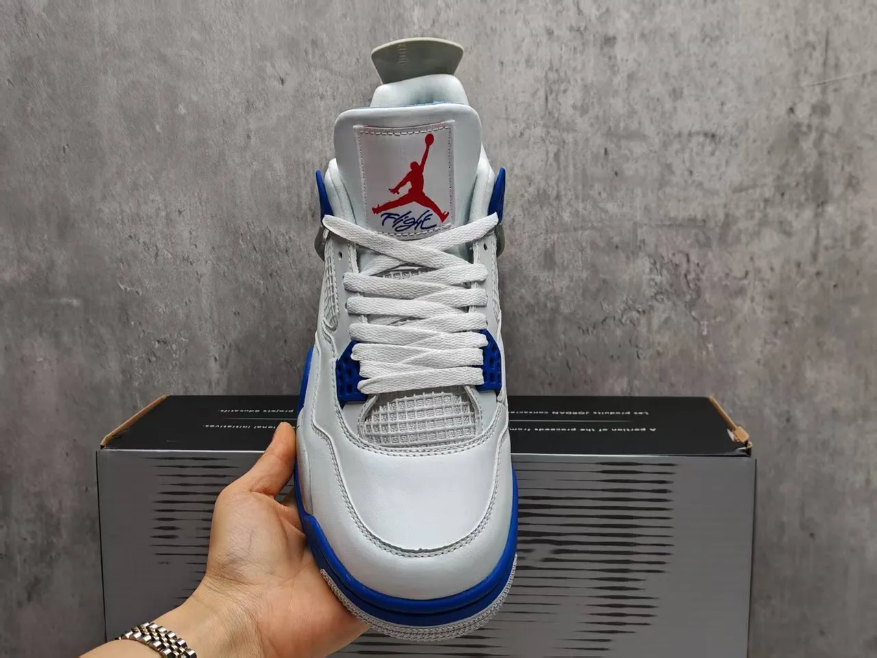 Chaussures de basketball Air Jordan 4 Blanc Bleu Royal Ciment 3