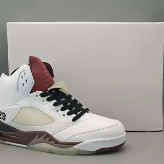 Air Jordan 5 White Burgundy Black Basketball Shoes