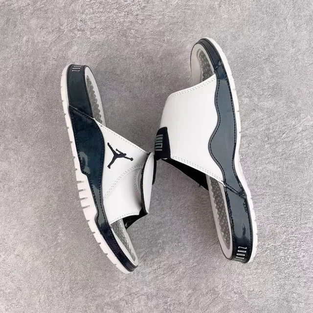 Air Jordan White Navy Leather Upper Glossy Patent-Like Panel Slippers 3
