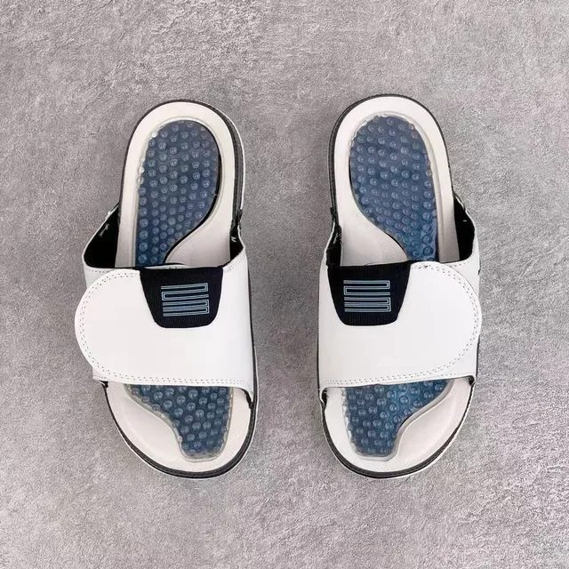 Air Jordan White Navy Leather Upper Glossy Patent-Like Panel Slippers 4