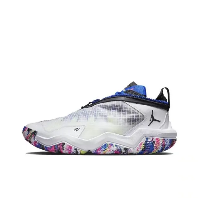 Chaussures de basketball Air Jordan XXXVIII blanc multicolore avec col zippé et empeigne en mesh quadrillé 1