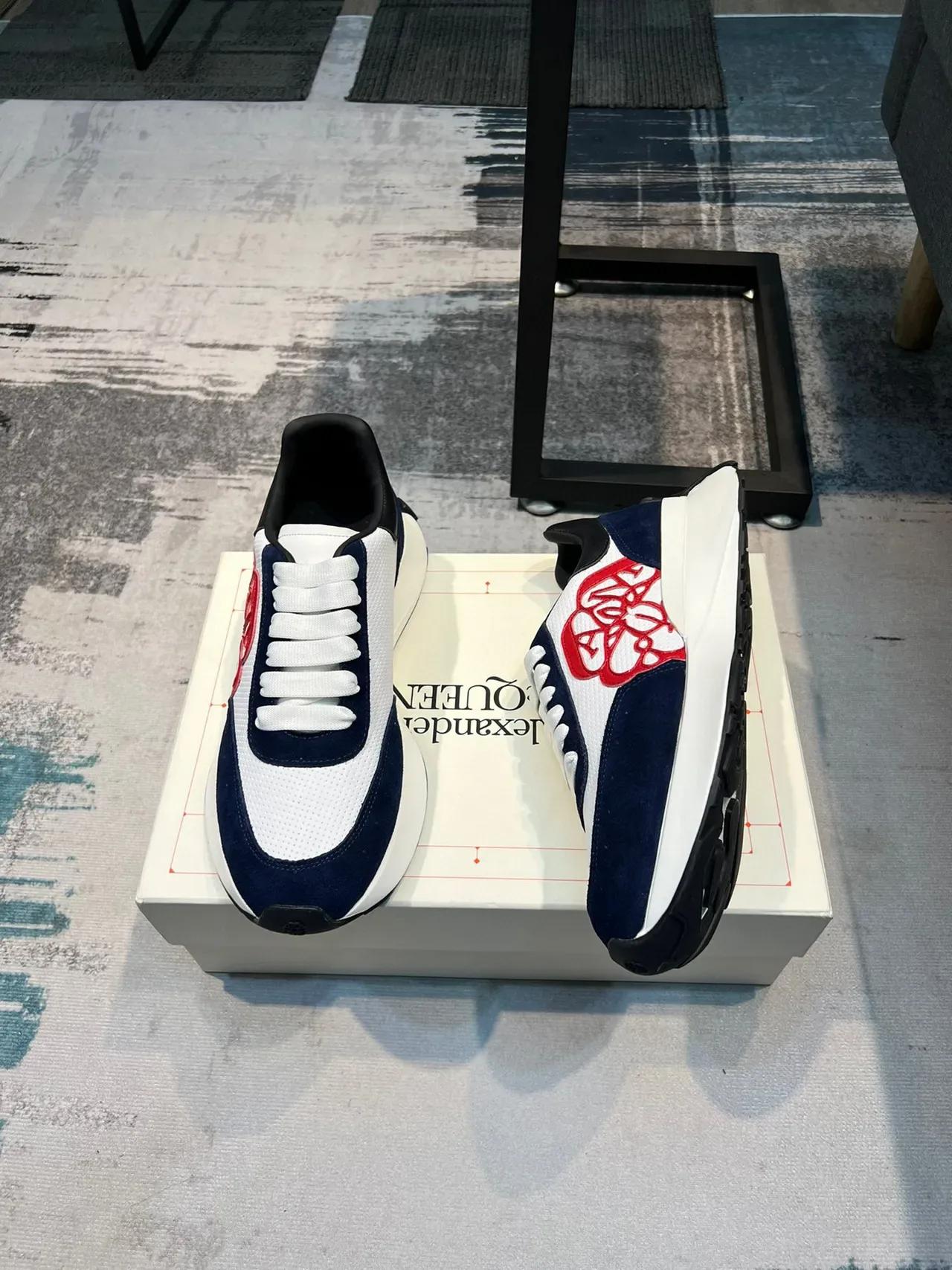 Alexander McQueen Oversized Sneaker White Navy Red Floral Lifestyle Sneakers 4