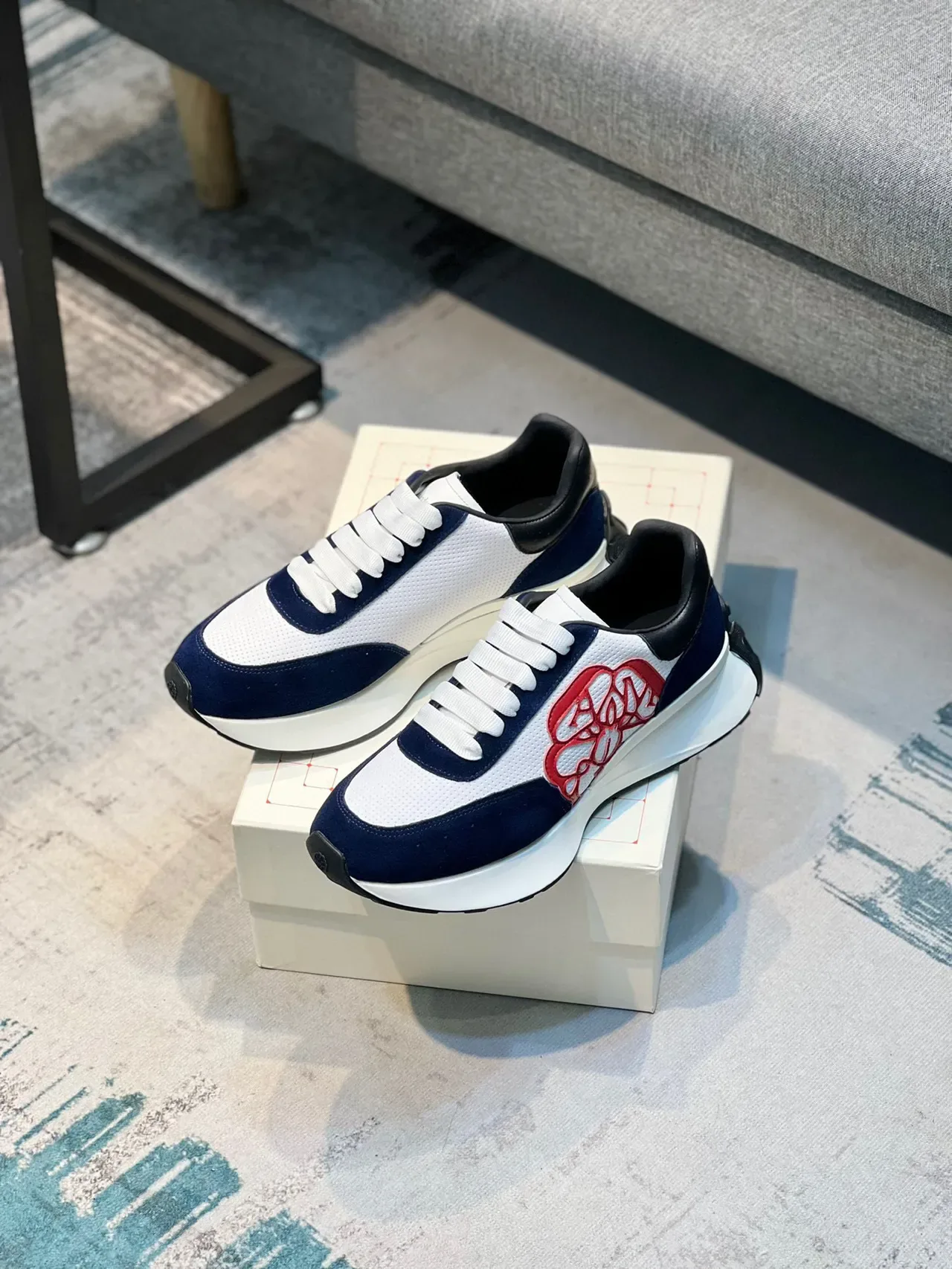 Alexander McQueen Oversized Sneaker White Navy Red Floral Lifestyle Sneakers 6