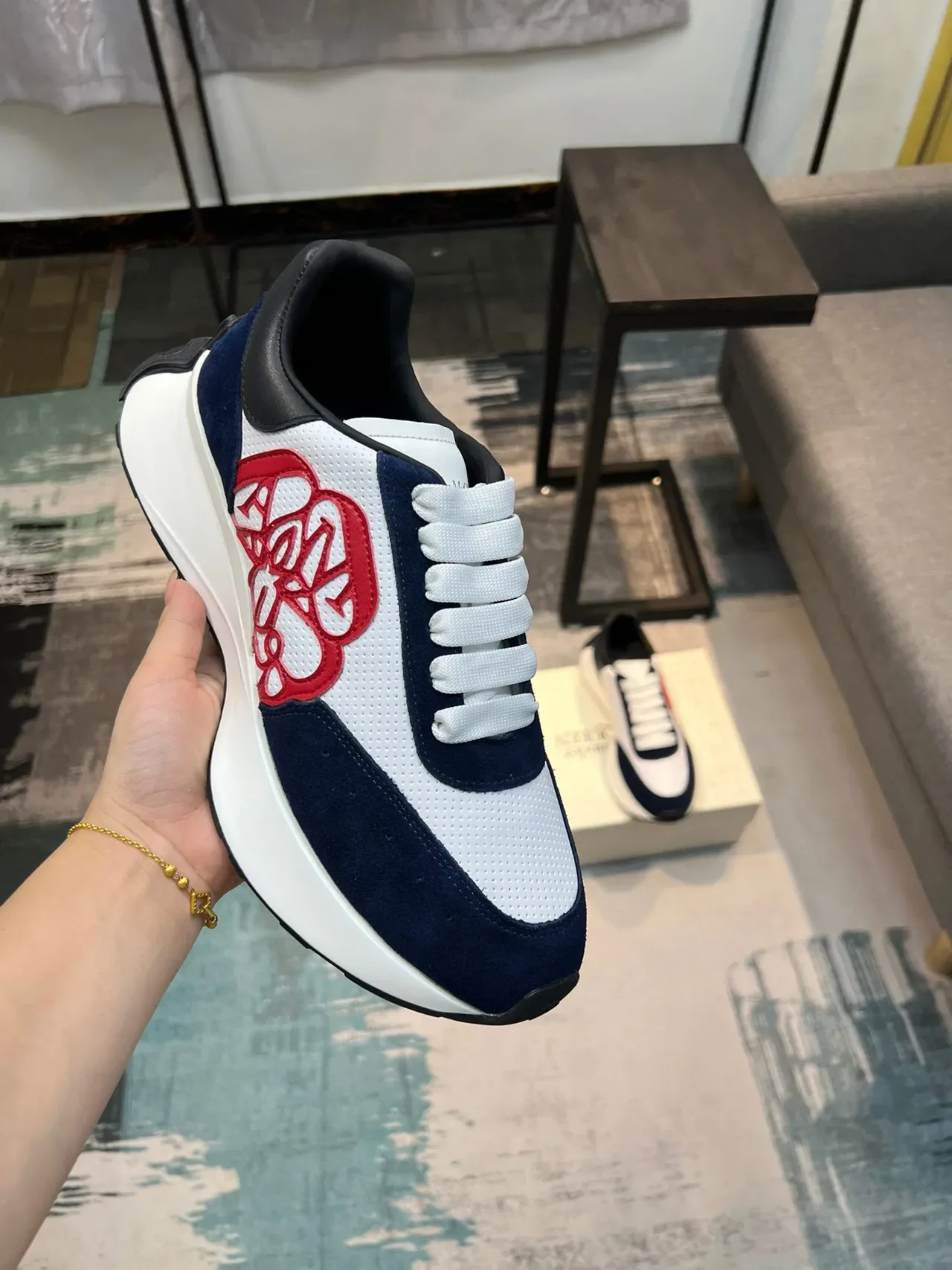 Alexander McQueen Oversized Sneaker White Navy Red Floral Lifestyle Sneakers 7