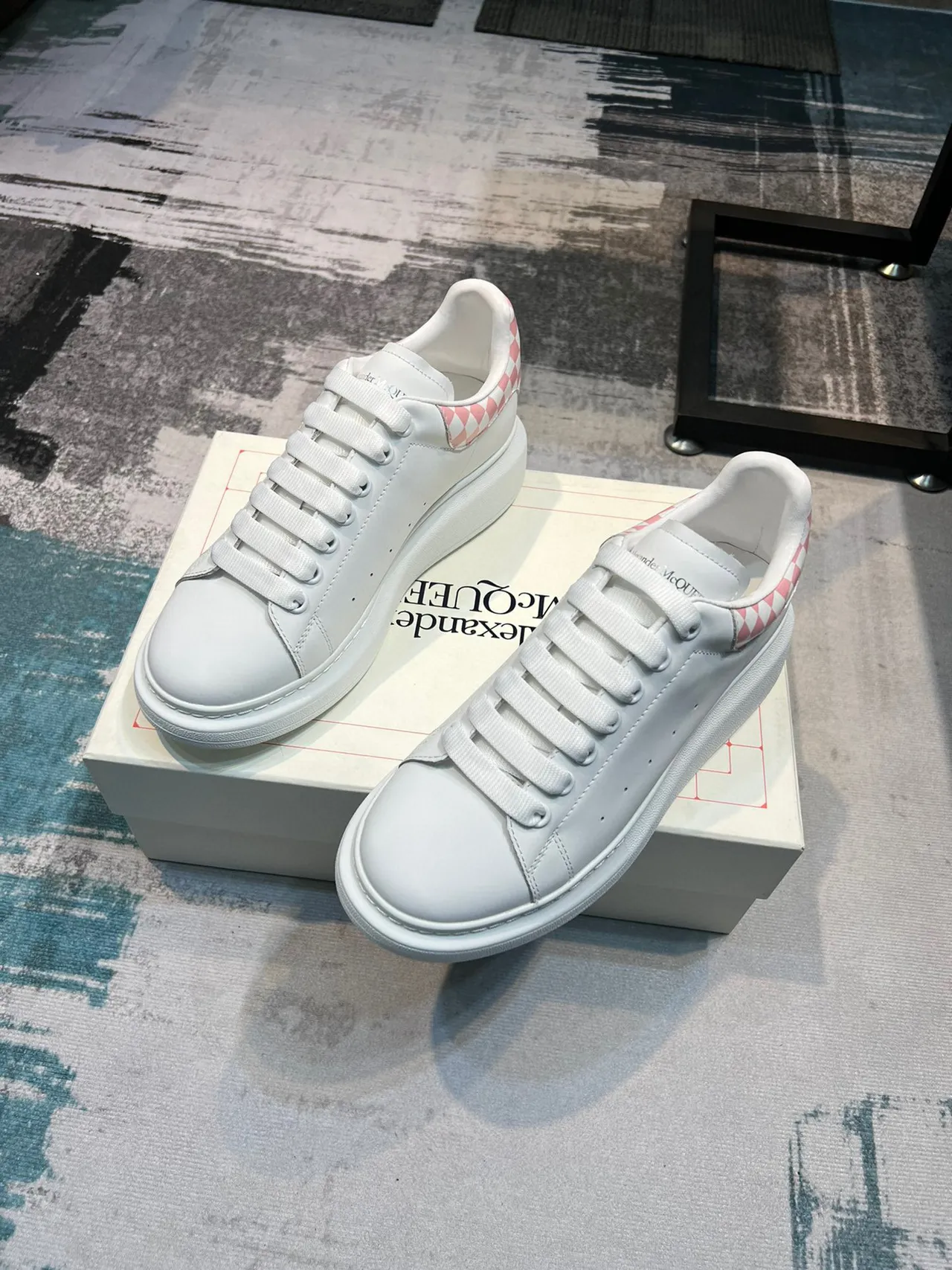Alexander McQueen Oversized Sneaker White Pink Checkerboard Lifestyle Sneakers 5