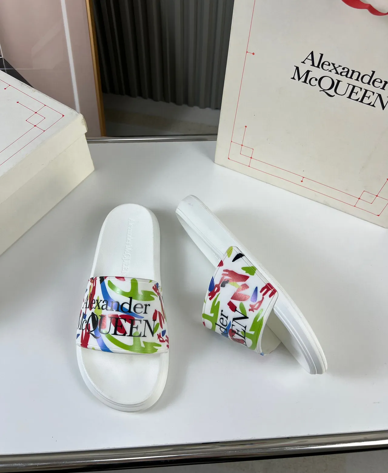 Alexander McQueen Printed Strap White Slippers 7