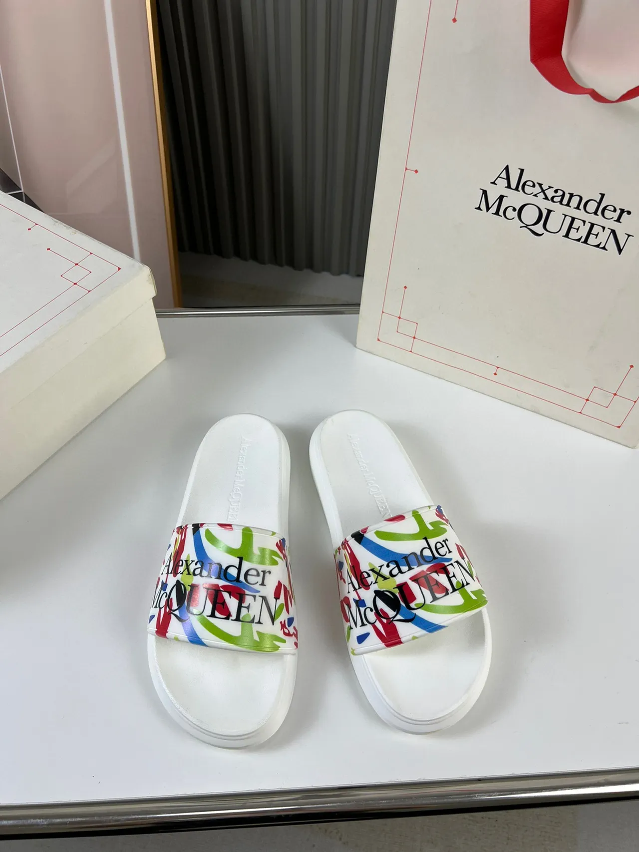 Alexander McQueen Printed Strap White Slippers 9
