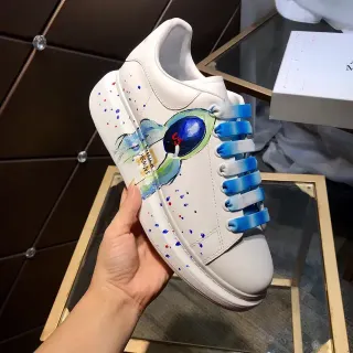 Alexander McQueen White Blue Hand-Painted Graphic Platform Sole Chunky Sneakers