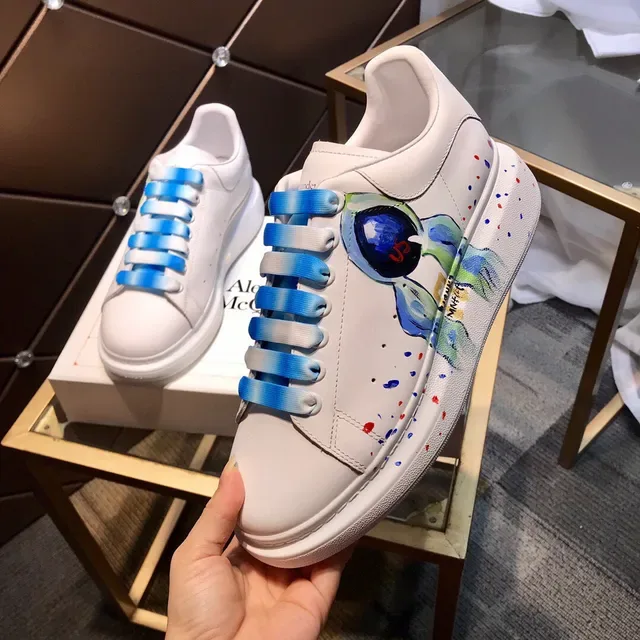 Alexander McQueen White Blue Hand-Painted Graphic Platform Sole Chunky Sneakers 3