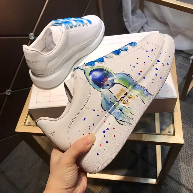 Alexander McQueen White Blue Hand-Painted Graphic Platform Sole Chunky Sneakers 4