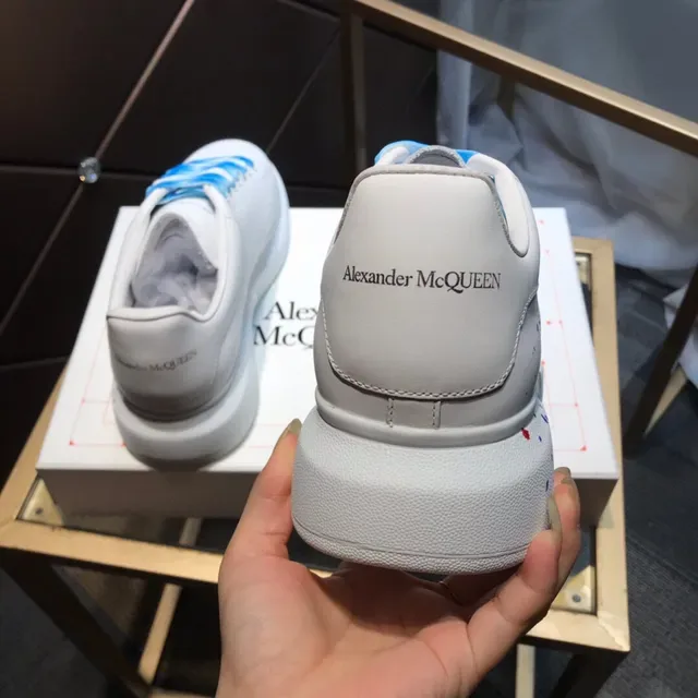 Alexander McQueen White Blue Hand-Painted Graphic Platform Sole Chunky Sneakers 5