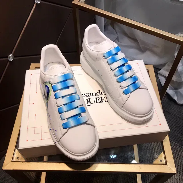 Alexander McQueen White Blue Hand-Painted Graphic Platform Sole Chunky Sneakers 6