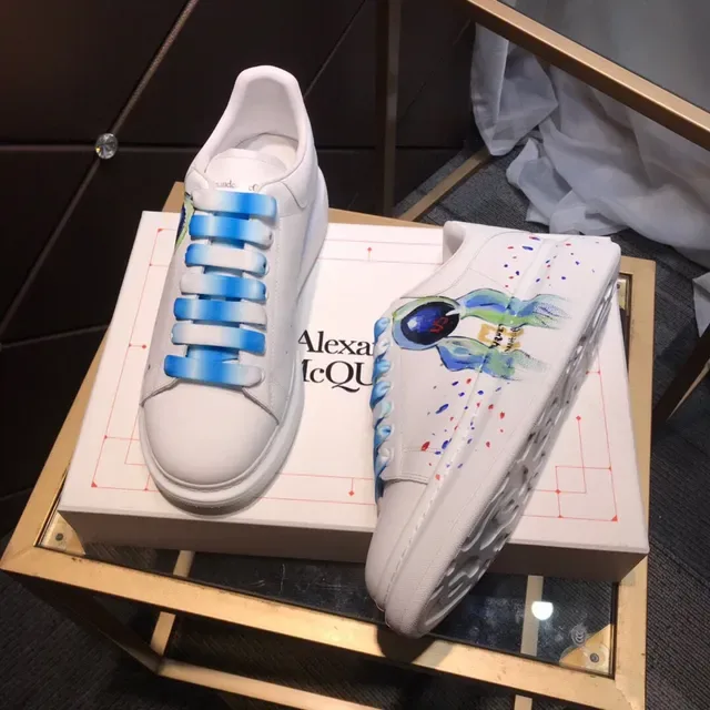 Alexander McQueen White Blue Hand-Painted Graphic Platform Sole Chunky Sneakers 7