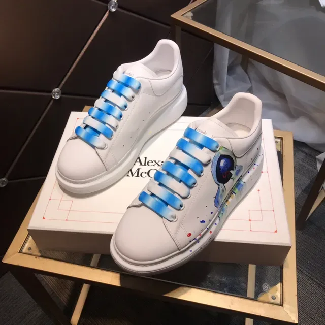 Alexander McQueen White Blue Hand-Painted Graphic Platform Sole Chunky Sneakers 9