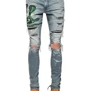 Amiri Blue Green Distressed Embroidered Jeans