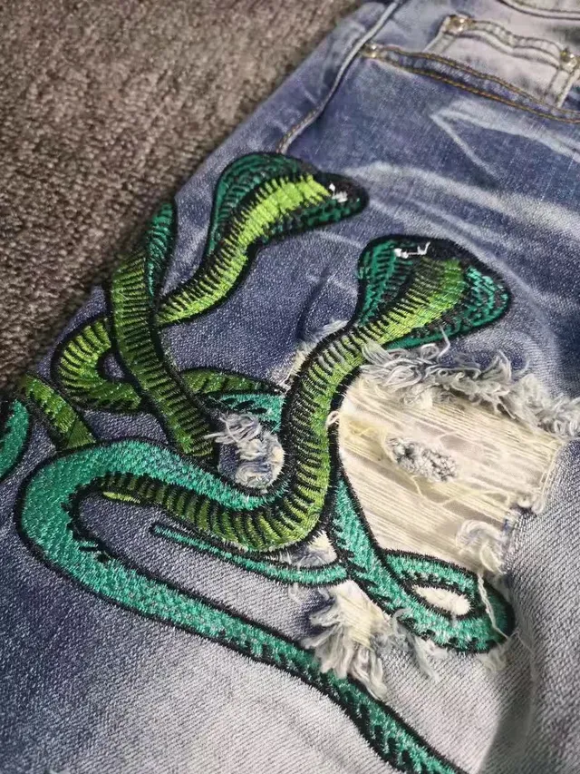 Amiri Blue Green Distressed Embroidered Jeans 4