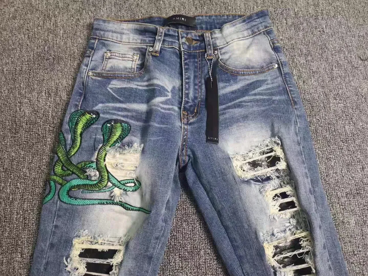 Amiri Blue Green Distressed Embroidered Jeans 5