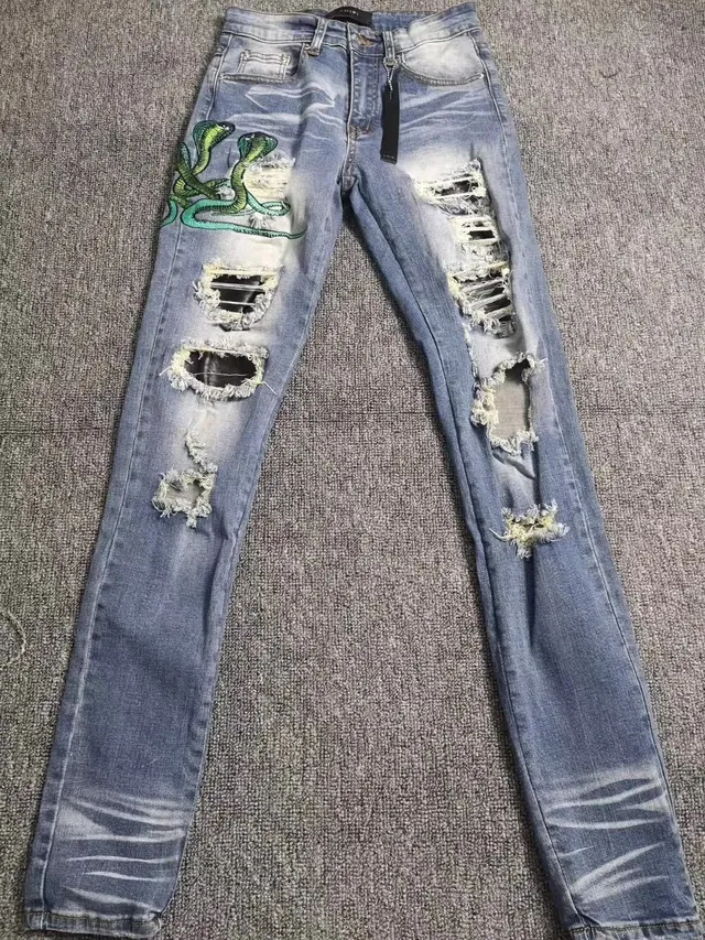 Amiri Blue Green Distressed Embroidered Jeans 9