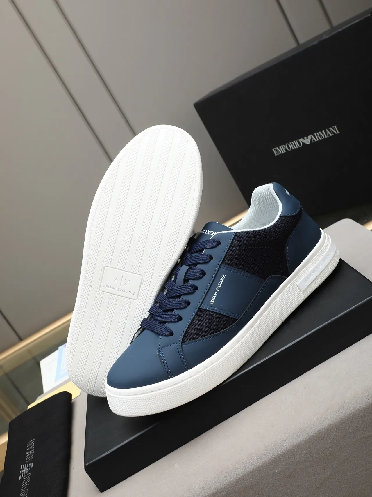 Armani Exchange Navy White Blue Mesh And Synthetic Upper Lifestyle Sneakers 4