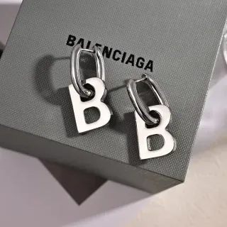 Balenciaga B Logo Hoop Silver White Metallic Letter Earrings