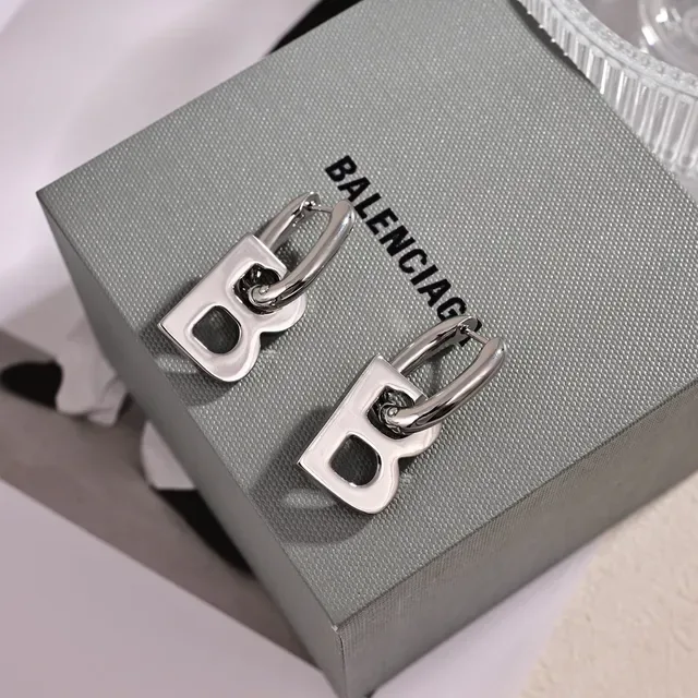 Balenciaga B Logo Hoop Brincos Prata Branco Metálico Letra 5