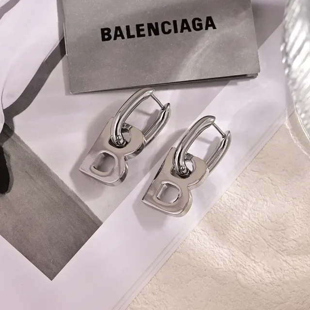 Balenciaga B Logo Hoop Brincos Prata Branco Metálico Letra 7