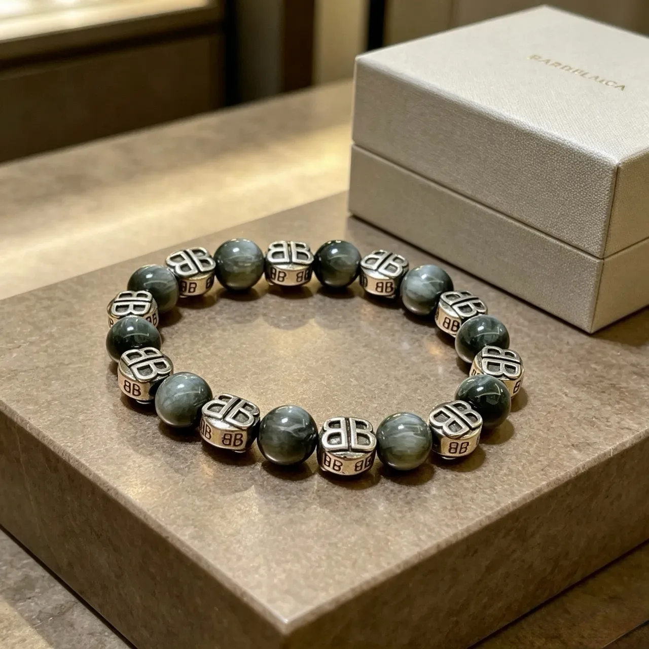 Balenciaga BB Bracelet Perles Pierre Gris-Vert et Métal Argenté 6